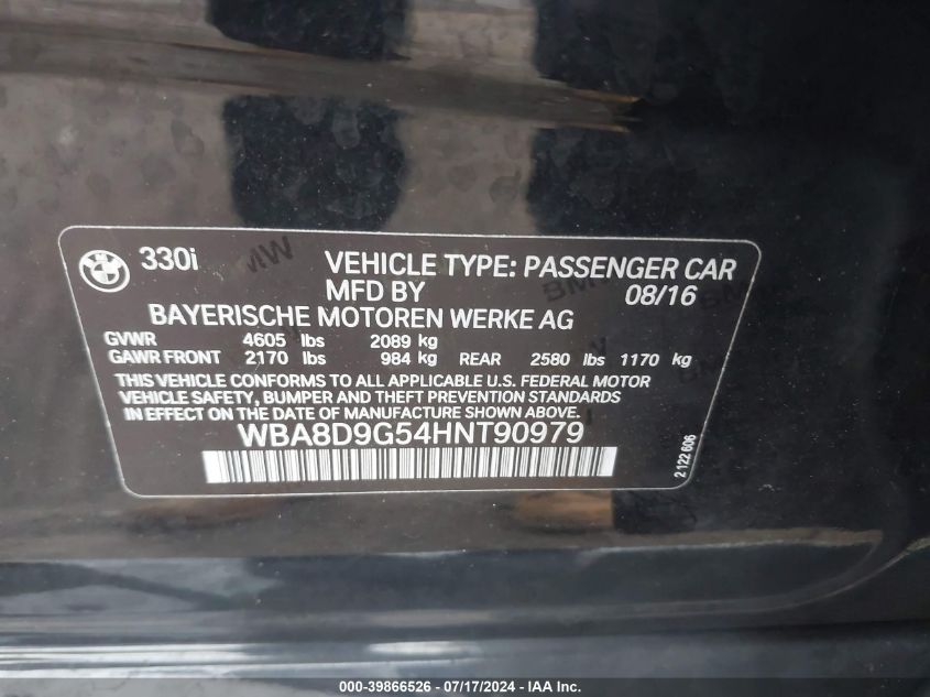 2017 BMW 330I Xi VIN: WBA8D9G54HNT90979 Lot: 39866526