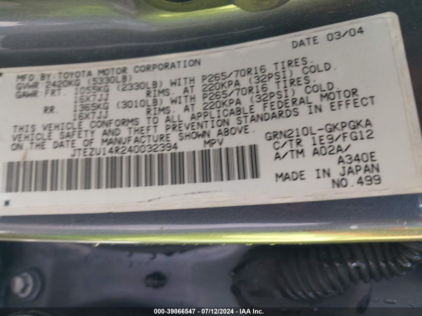 2004 Toyota 4Runner Sr5 V6 VIN: JTEZU14R240032394 Lot: 39866547