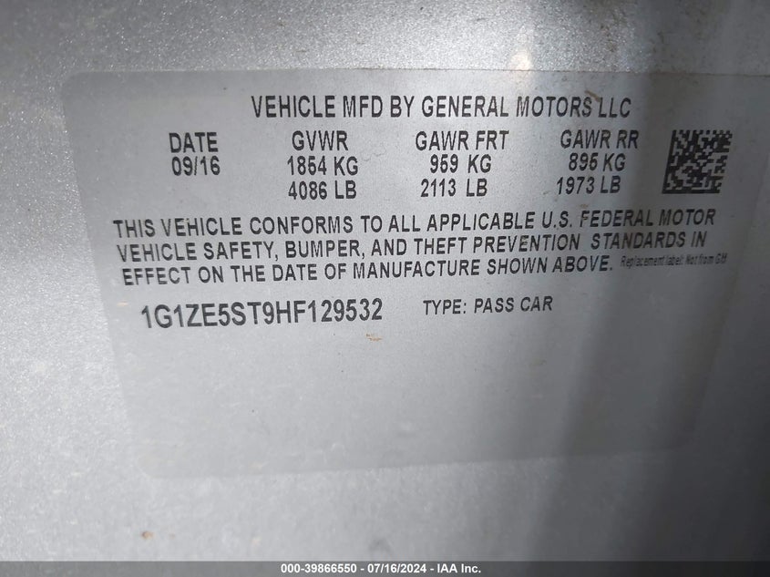 2017 Chevrolet Malibu 1Lt VIN: 1G1ZE5ST9HF129532 Lot: 39866550