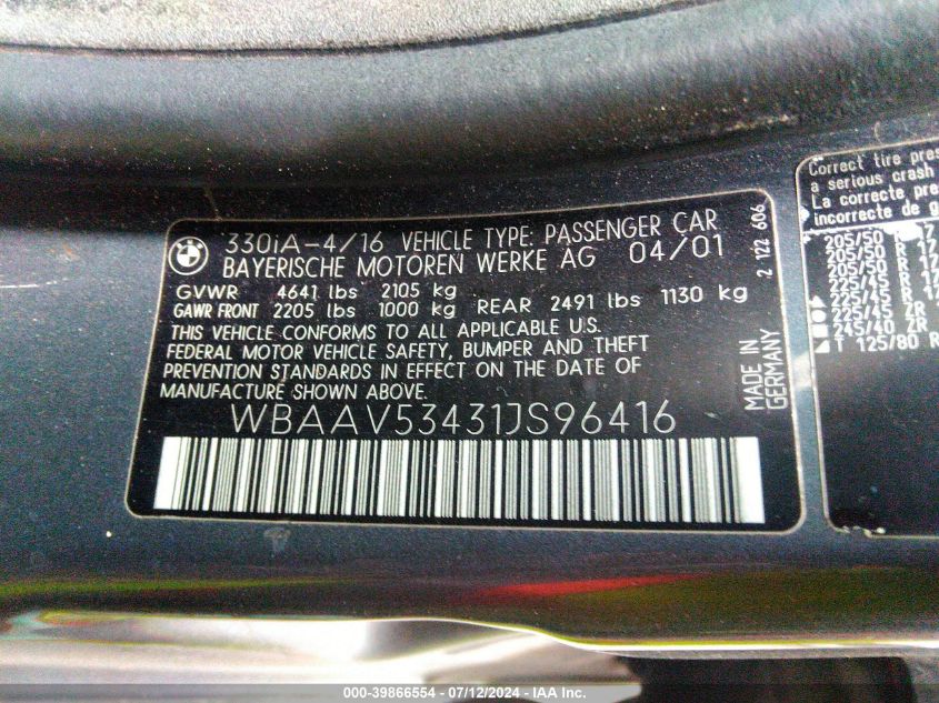 2001 BMW 330I VIN: WBAAV53431JS96416 Lot: 39866554
