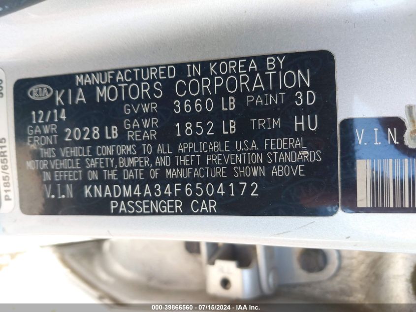 2015 Kia Rio Lx VIN: KNADM4A34F6504172 Lot: 39866560