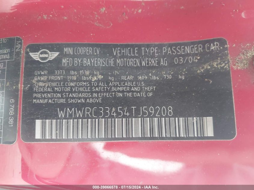 2004 Mini Cooper VIN: WMWRC33454TJ59208 Lot: 39866578