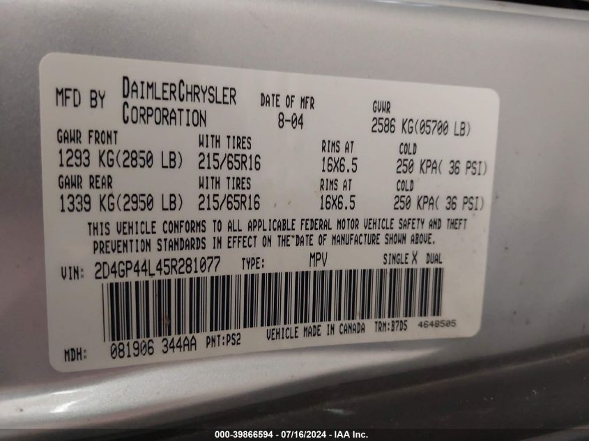 2005 Dodge Grand Caravan Sxt VIN: 2D4GP44L45R281077 Lot: 39866594