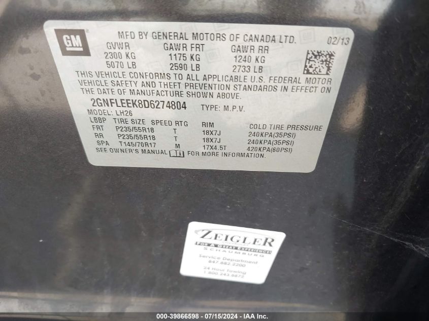 2013 Chevrolet Equinox 1Lt VIN: 2GNFLEEK8D6274804 Lot: 39866598