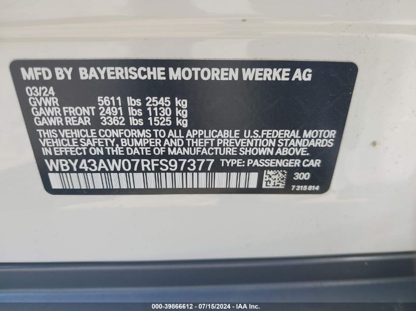 2024 BMW I4 Edrive 35 VIN: WBY43AW07RFS97377 Lot: 39866612