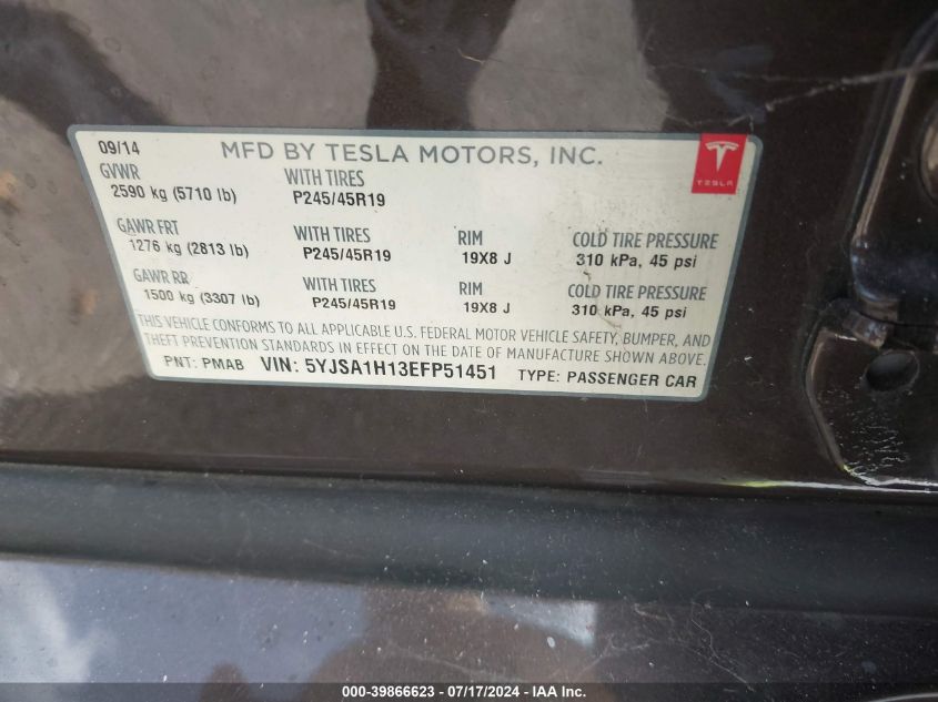 2014 Tesla Model S P85 VIN: 5YJSA1H13EFP51451 Lot: 39866623