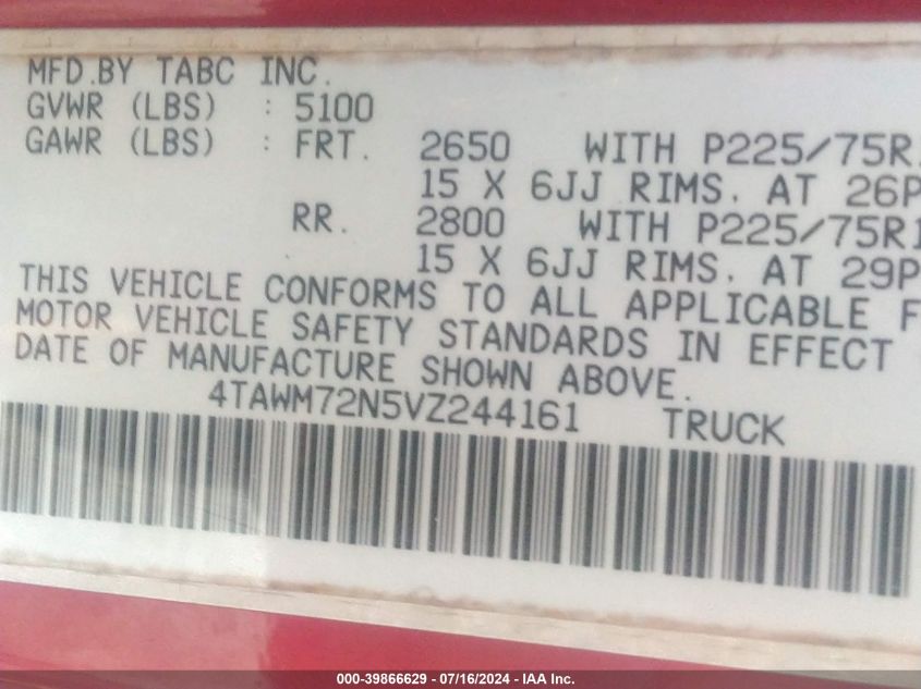 1997 Toyota Tacoma VIN: 4TAWM72N5VZ244161 Lot: 39866629