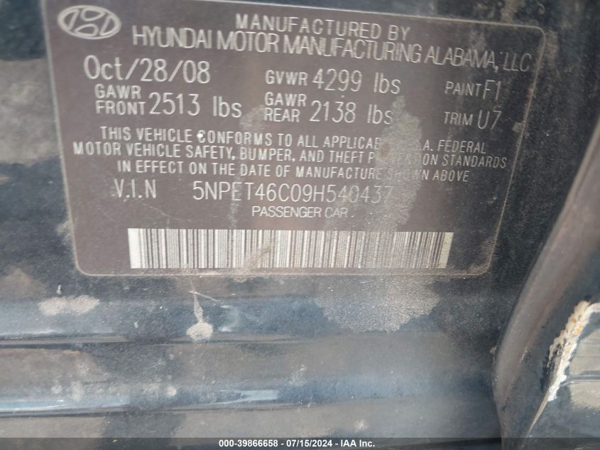 5NPET46C09H540437 2009 Hyundai Sonata Gls