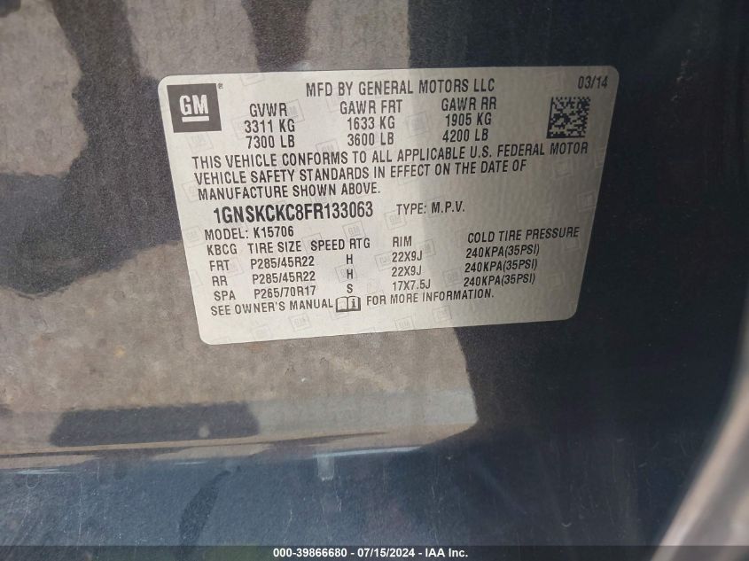 2015 Chevrolet Tahoe Ltz VIN: 1GNSKCKC8FR133063 Lot: 39866680