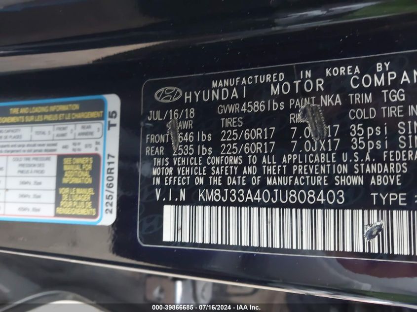 2018 Hyundai Tucson Sel VIN: KM8J33A40JU808403 Lot: 39866685