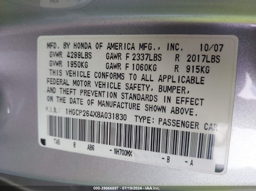 1HGCP264X8A031830 | 2008 HONDA ACCORD