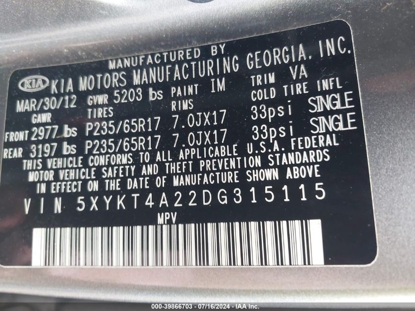 2013 Kia Sorento Lx VIN: 5XYKT4A22DG315115 Lot: 39866703