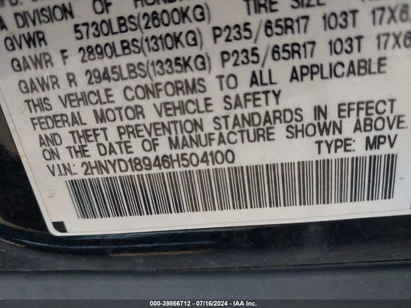 2006 Acura Mdx Touring VIN: 2HNYD18946H504100 Lot: 39866712