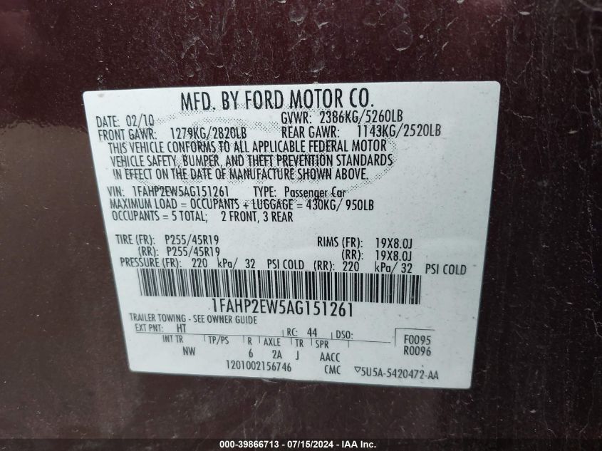 2010 Ford Taurus Sel VIN: 1FAHP2EW5AG151261 Lot: 39866713