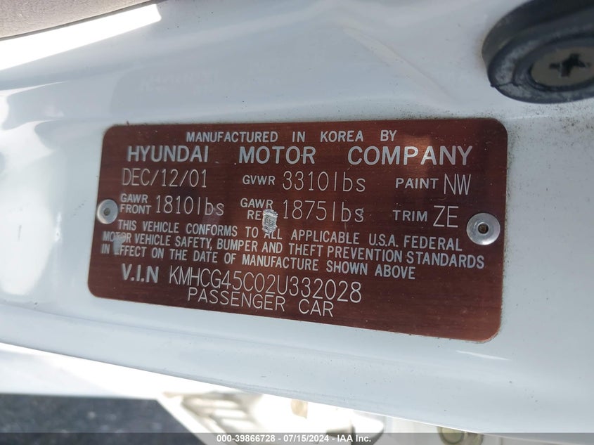2002 Hyundai Accent Gl VIN: KMHCG45C02U332028 Lot: 39866728
