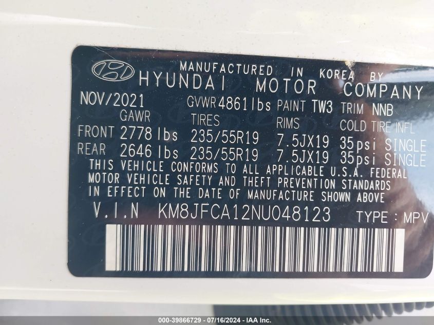 2022 Hyundai Tucson Hybrid Sel Convenience VIN: KM8JFCA12NU048123 Lot: 39866729