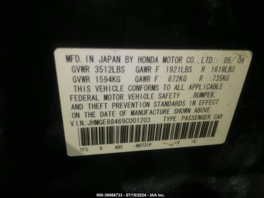 2009 Honda Fit Sport VIN: JHMGE88469C001203 Lot: 39866733