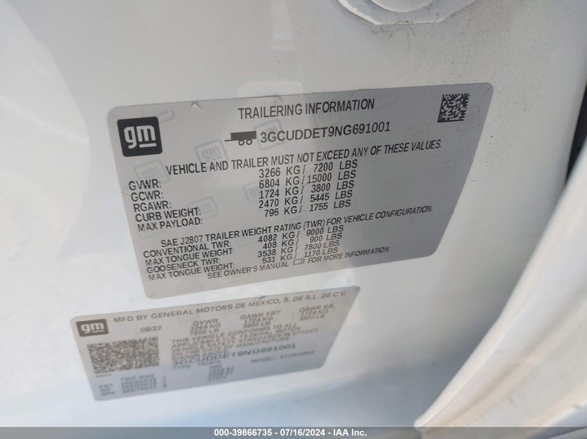 VIN 3GCUDDET9NG691001 2022 CHEVROLET SILVERADO 1500 4WD  STANDARD BED LT