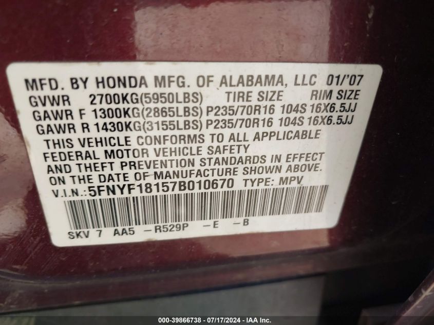 2007 Honda Pilot Lx VIN: 5FNYF18157B010670 Lot: 39866738