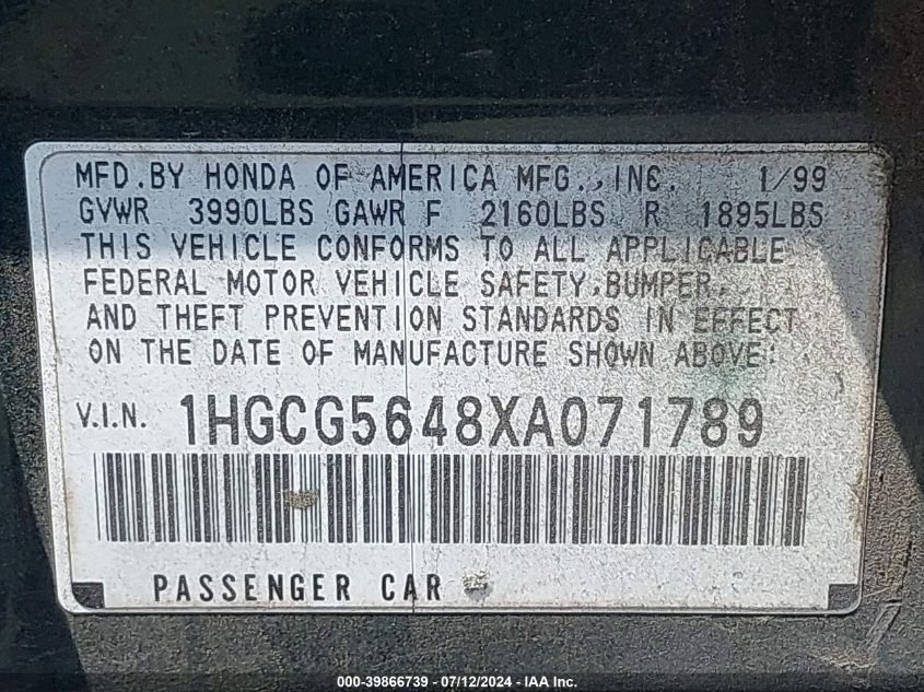 1999 Honda Accord Lx VIN: 1HGCG5648XA071789 Lot: 39866739
