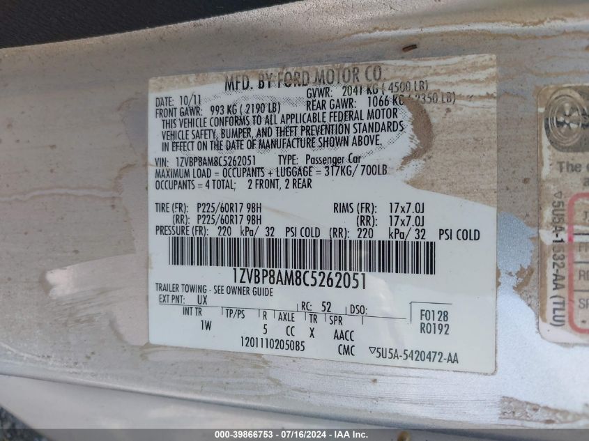 2012 Ford Mustang V6 VIN: 1ZVBP8AM8C5262051 Lot: 39866753