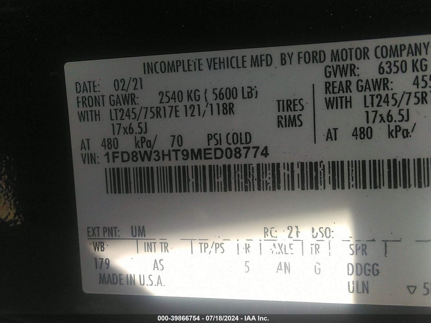 2021 FORD F-350 CHASSIS (VIN: 1FD8W3HT9MED08774