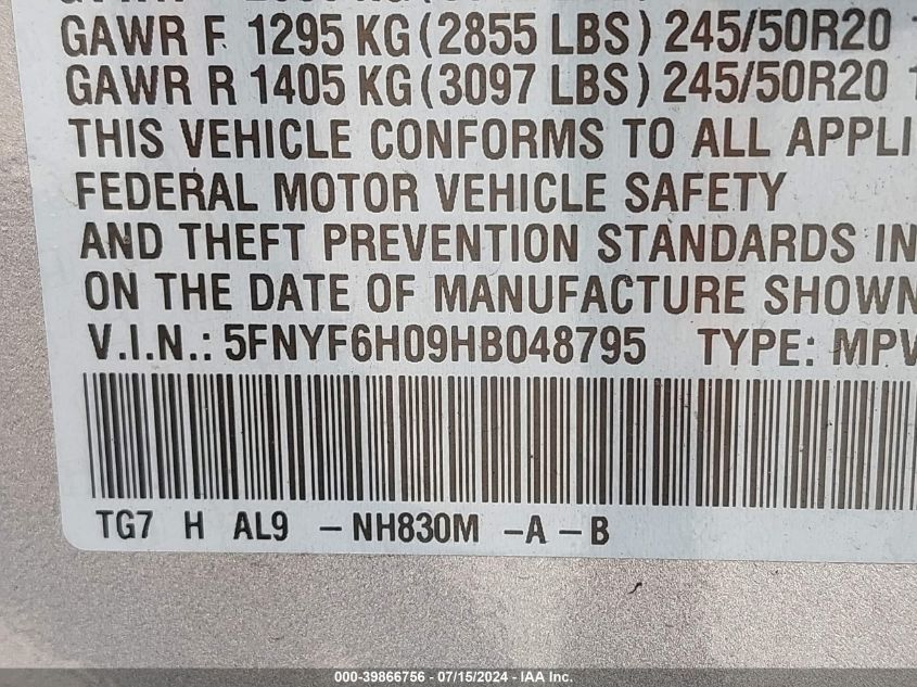 2017 Honda Pilot Elite VIN: 5FNYF6H09HB048795 Lot: 39866756