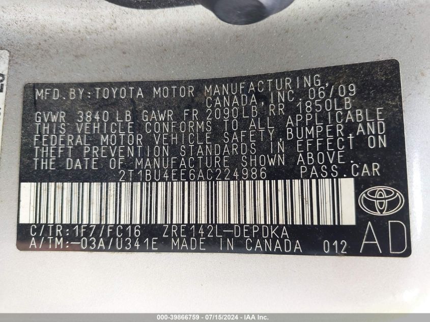 2010 Toyota Corolla Le VIN: 2T1BU4EE6AC224986 Lot: 39866759