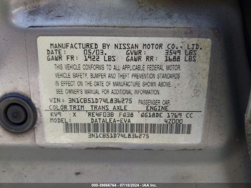 2004 Nissan Sentra 1.8S VIN: 3N1CB51D74L836275 Lot: 39866764