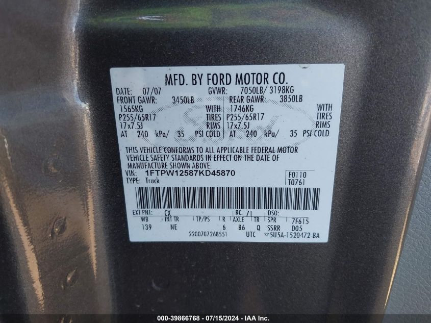 2007 Ford F-150 Lariat/Xlt VIN: 1FTPW12587KD45870 Lot: 39866768