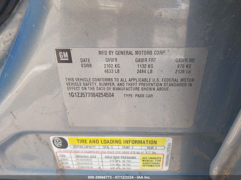 2008 Chevrolet Malibu Lt VIN: 1G1ZJ577084254504 Lot: 39866773