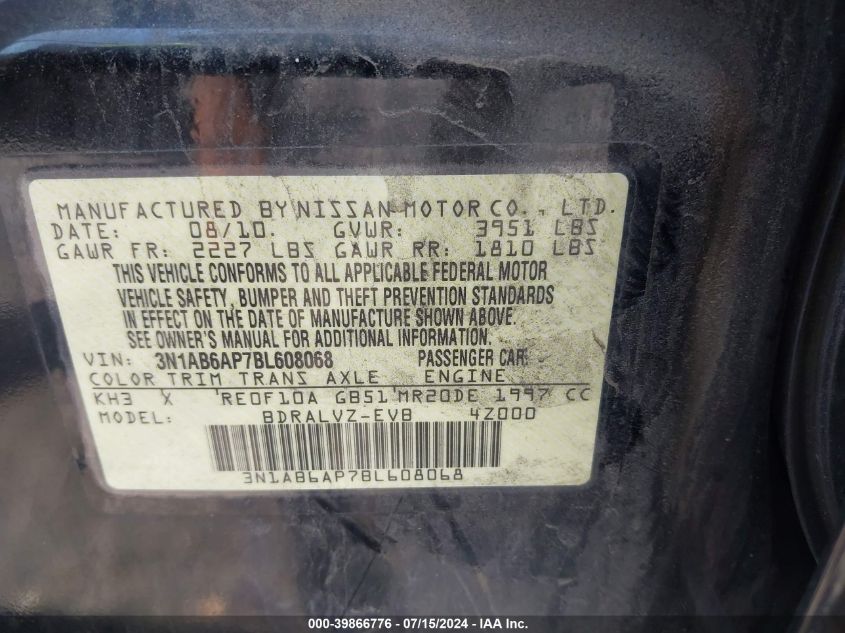 2011 Nissan Sentra 2.0Sl VIN: 3N1AB6AP7BL608068 Lot: 39866776