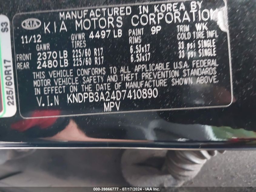 2013 Kia Sportage Lx VIN: KNDPB3A24D7410890 Lot: 39866777