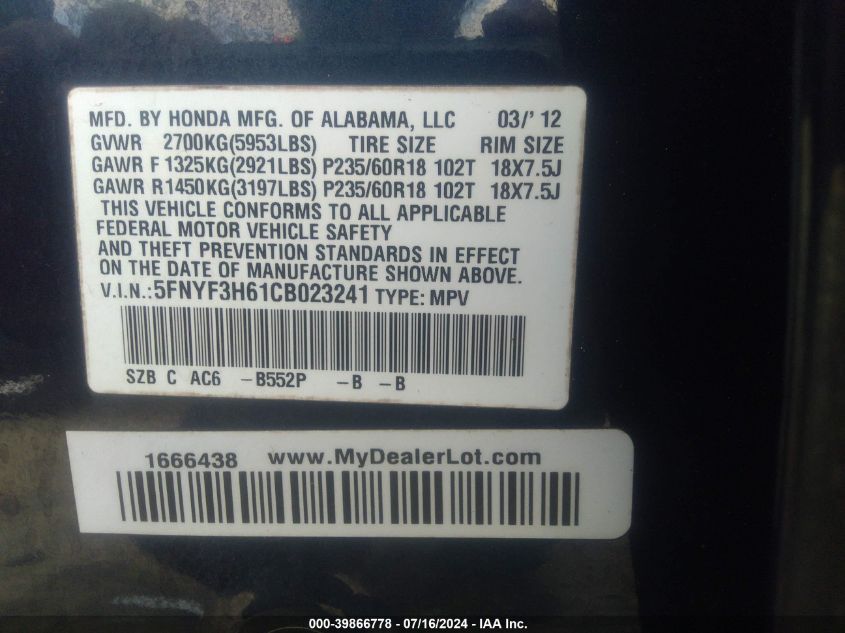 2012 Honda Pilot Ex-L VIN: 5FNYF3H61CB023241 Lot: 39866778