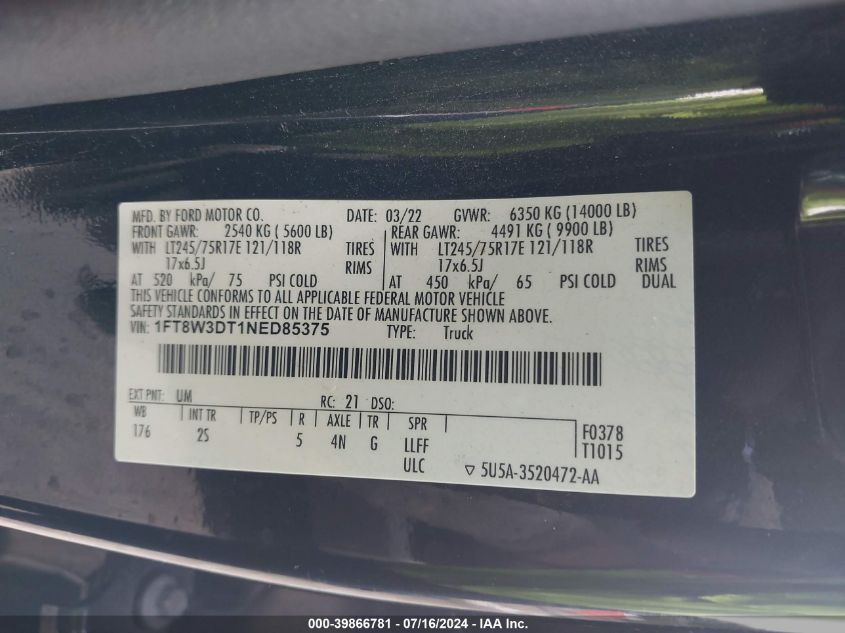 2022 Ford F-350 Xlt VIN: 1FT8W3DT1NED85375 Lot: 39866781