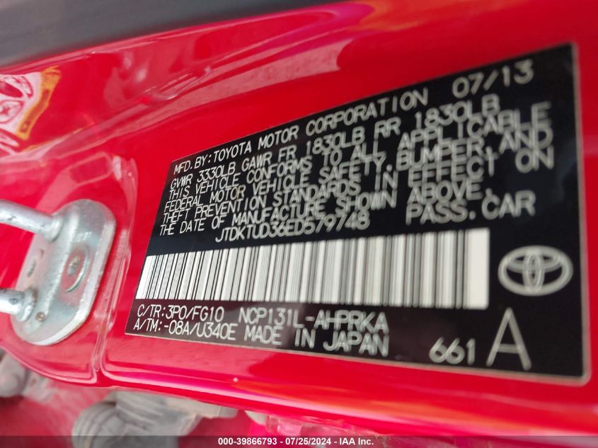 2014 Toyota Yaris L (Tmc/Cbu Plant) VIN: JTDKTUD36ED579748 Lot: 39866793