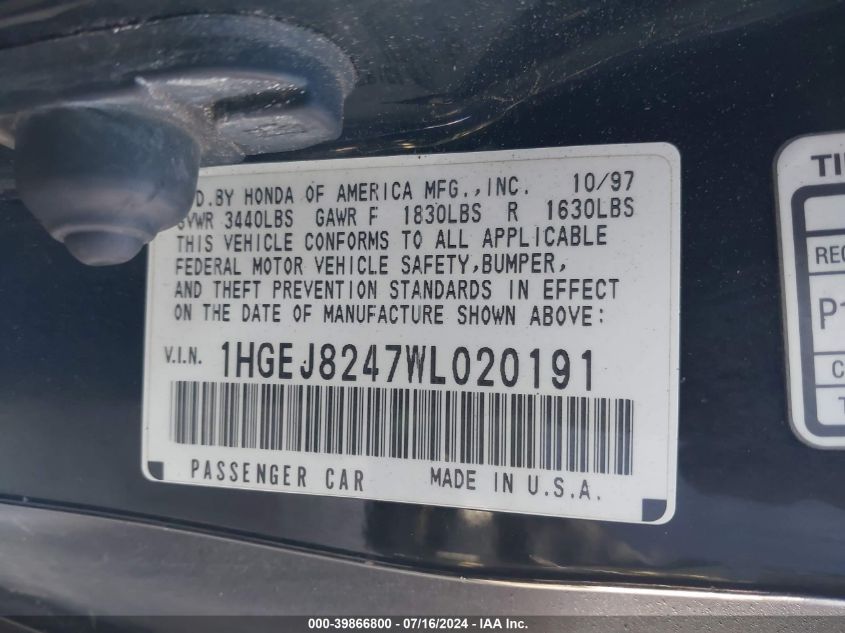 1998 Honda Civic Ex VIN: 1HGEJ8247WL020191 Lot: 39866800