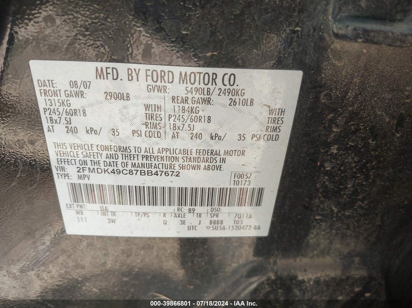 2007 Ford Edge Sel Plus VIN: 2FMDK49C87BB47672 Lot: 39866801