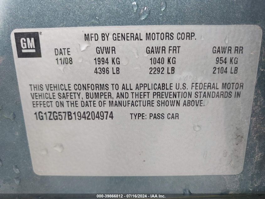 2009 Chevrolet Malibu Ls VIN: 1G1ZG57B194204974 Lot: 39866812