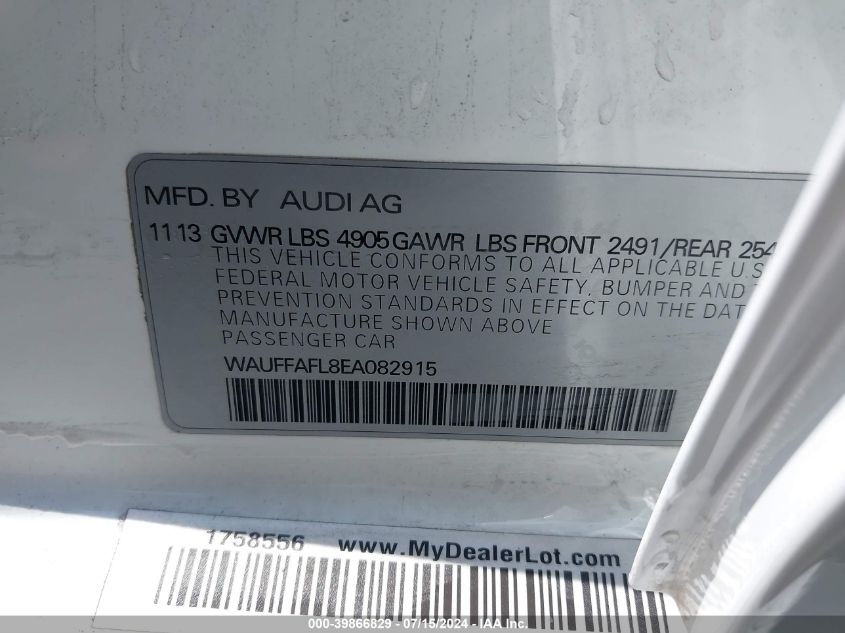 2014 Audi A4 2.0T Premium VIN: WAUFFAFL8EA082915 Lot: 39866829