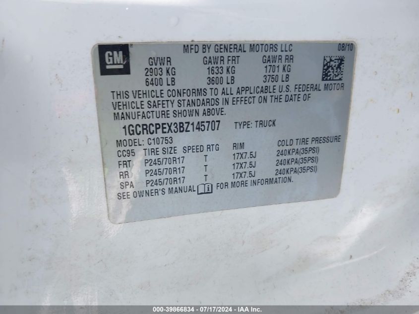 2011 Chevrolet Silverado 1500 Work Truck VIN: 1GCRCPEX3BZ145707 Lot: 39866834