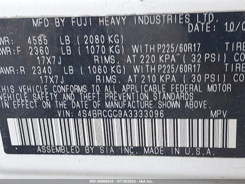 2010 Subaru Outback 2.5I Premium VIN: 4S4BRCGC9A3333096 Lot: 39866835