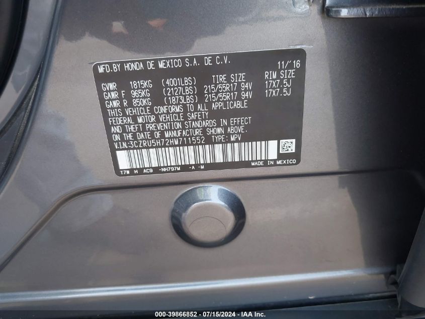 2017 HONDA HR-V EX-L - 3CZRU5H72HM711552