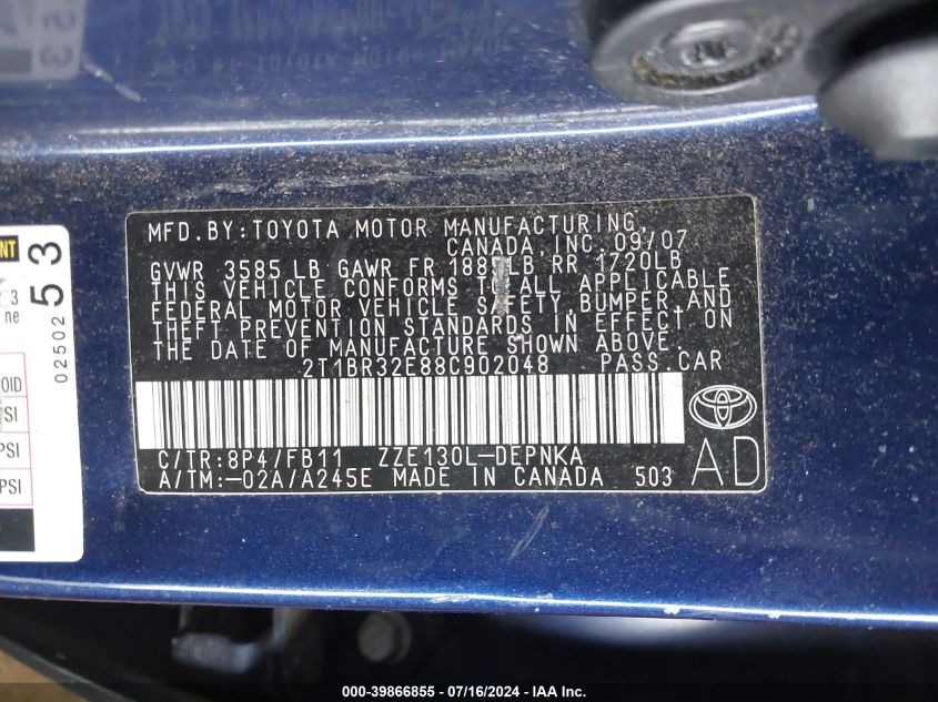 2008 Toyota Corolla Le VIN: 2T1BR32E88C902048 Lot: 39866855