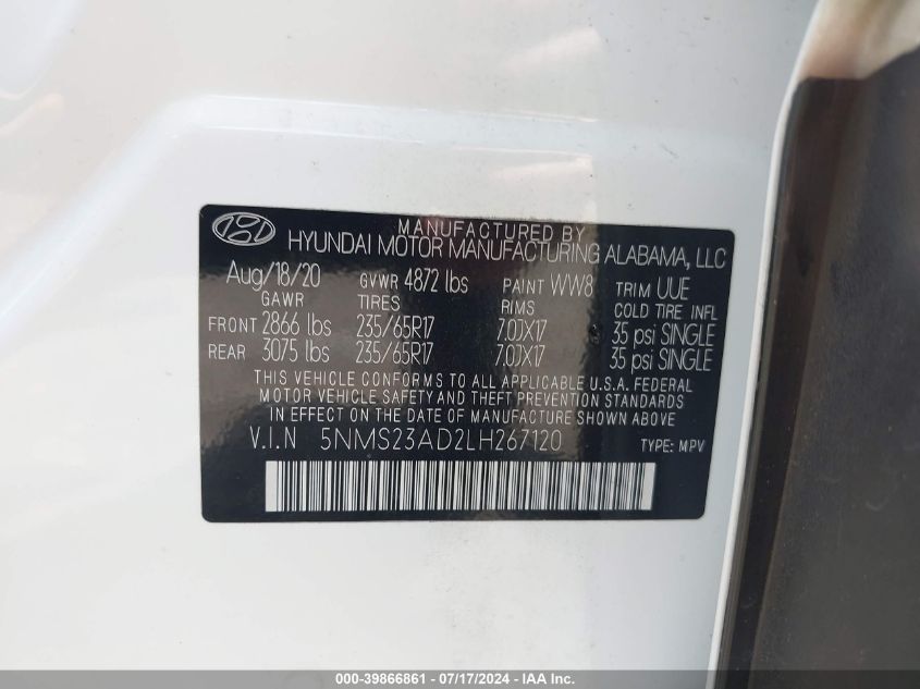 2020 Hyundai Santa Fe Se VIN: 5NMS23AD2LH267120 Lot: 39866861