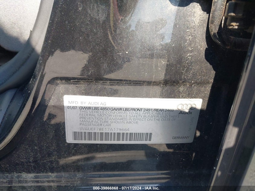 2007 Audi A4 2.0T VIN: WAUEF78E17A179664 Lot: 39866868