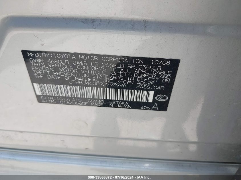 2009 Lexus Es 350 VIN: JTHBJ46G092293996 Lot: 39866872