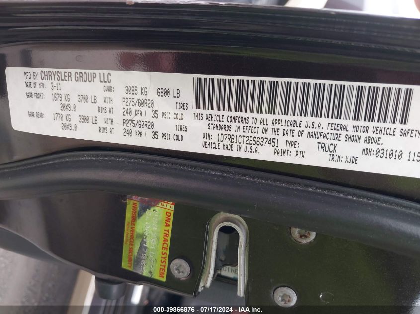 2011 Ram Ram 1500 Laramie Longhorn VIN: 1D7RB1CT2BS637451 Lot: 39866876