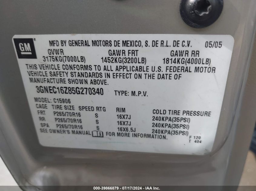2005 Chevrolet Suburban 1500 Ls VIN: 3GNEC16Z85G270340 Lot: 39866879