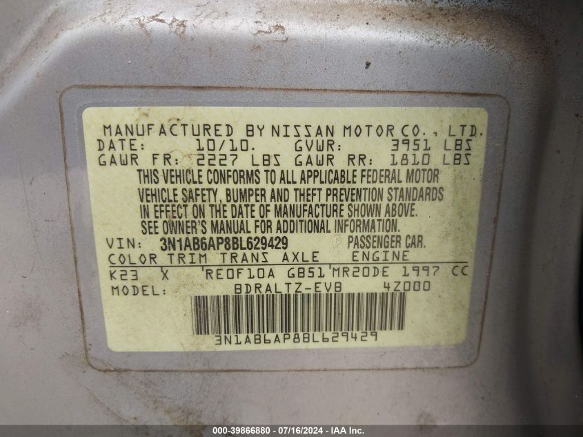 2011 Nissan Sentra 2.0Sr VIN: 3N1AB6AP8BL629429 Lot: 39866880